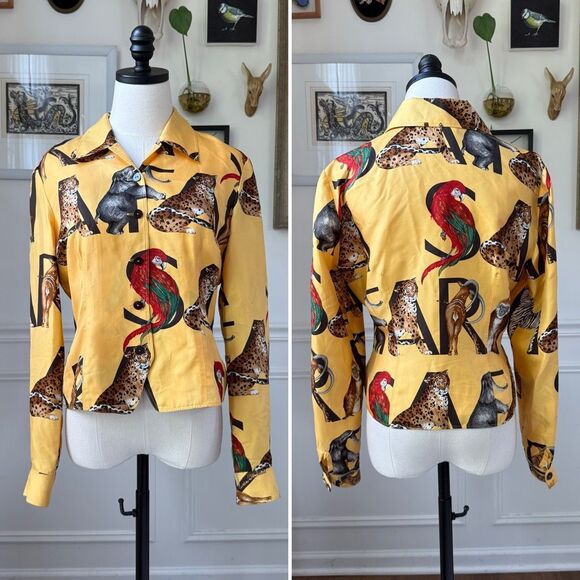 Dana Buchman Tops - Dana Buchman 100% Silk Safari Blouse Elephant Alphabet Parrot Cheetah Yellow 8